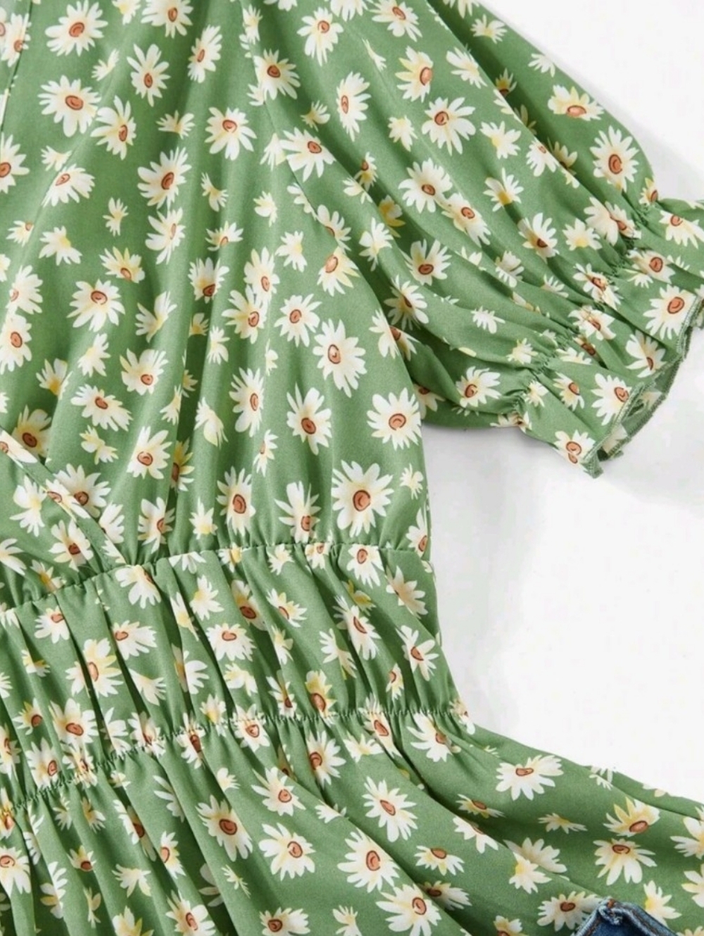 Green Daisy Print Smocked Waist V-Neck Top - Picture 4 of 5